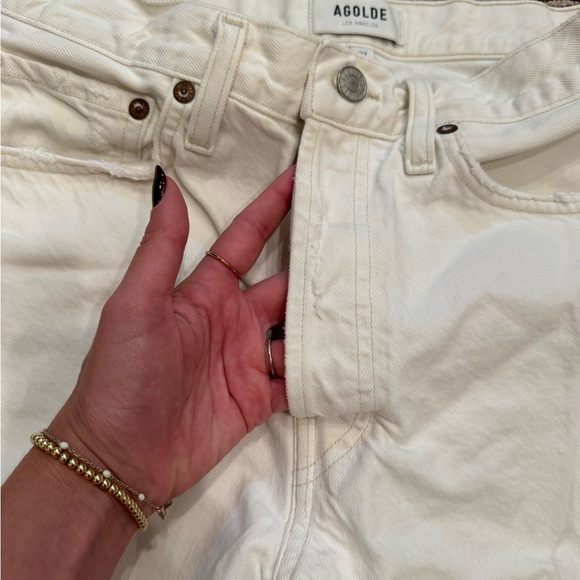 L1. Agolde White Denim Jean Shorts Parker Long Frayed Hem High Waist - Picture 5 of 8